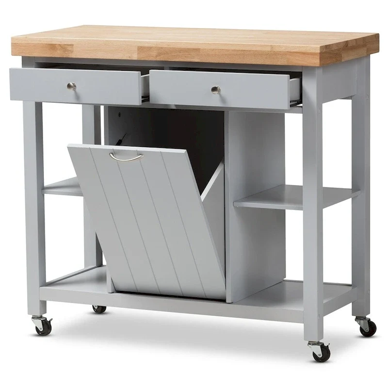 Farmhouse Grey Wood Kitchen Cart with Rubberwood Top