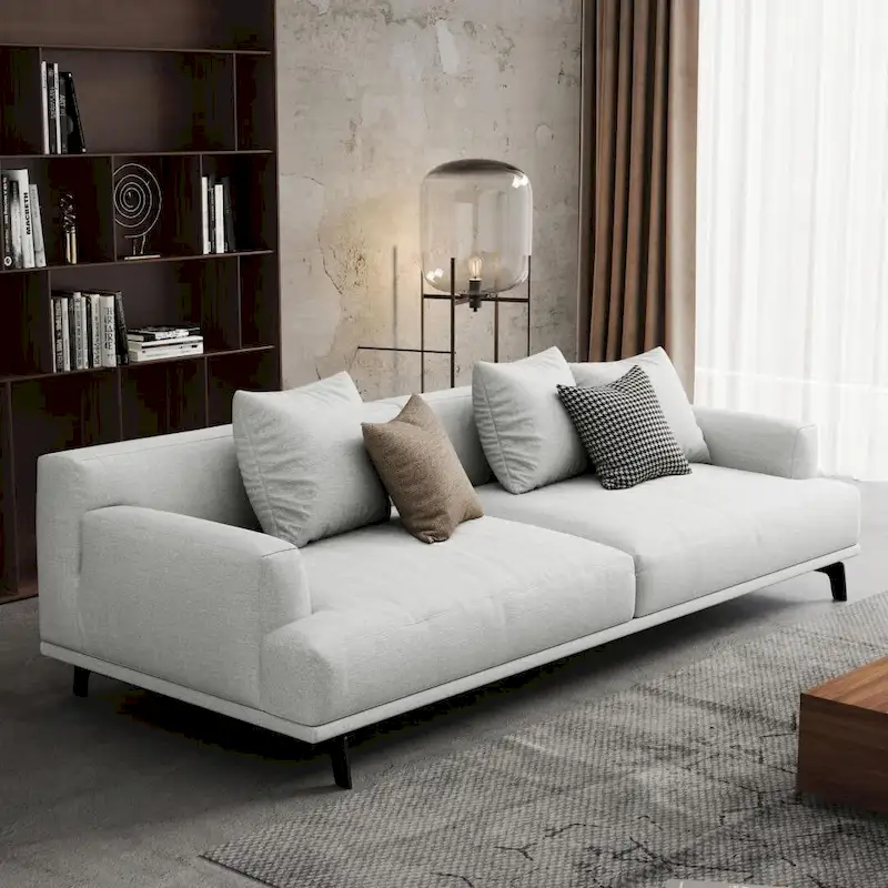 Square Arm Fabric Straight Sofa in Beige