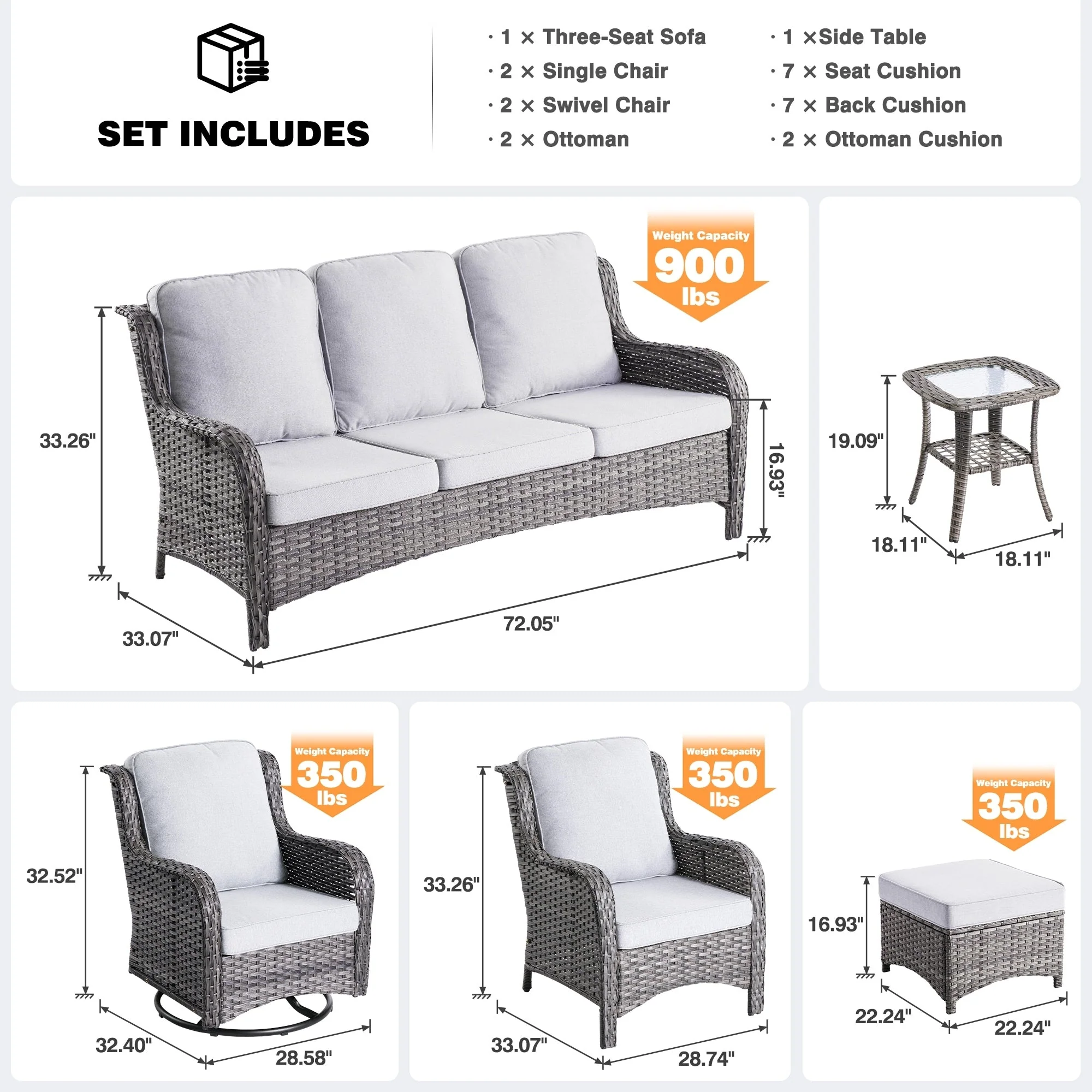 OVIOS 8-piece Patio Wicker Furniture Swivel Chair Set