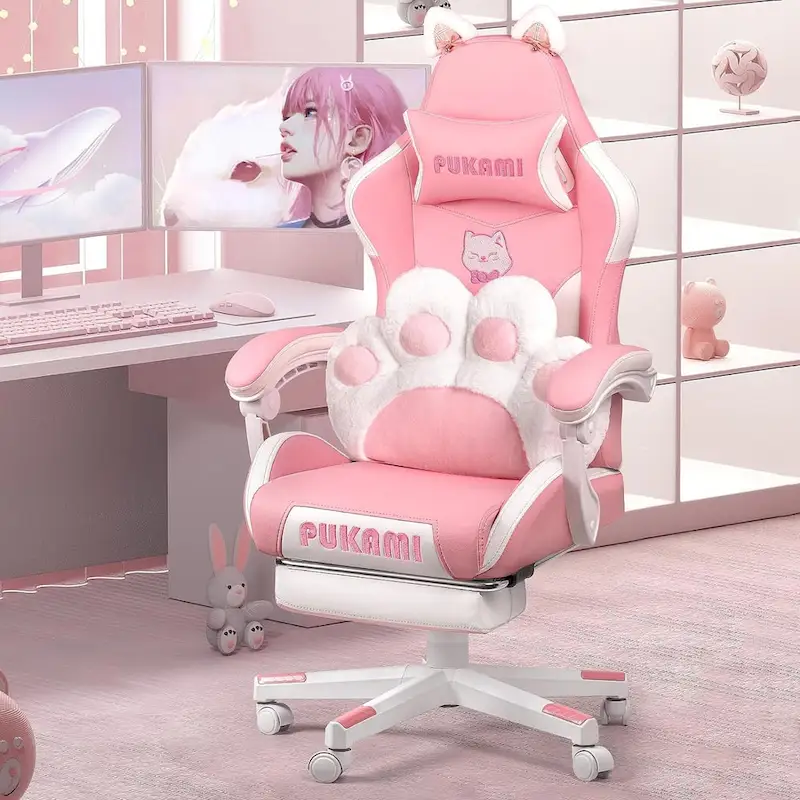 BOSSIN Gaming Chair with Cat Ears and Cat Paw Cushion Pillow,Cute Kawaii Reclining Computer Chair for Girl with Footrest