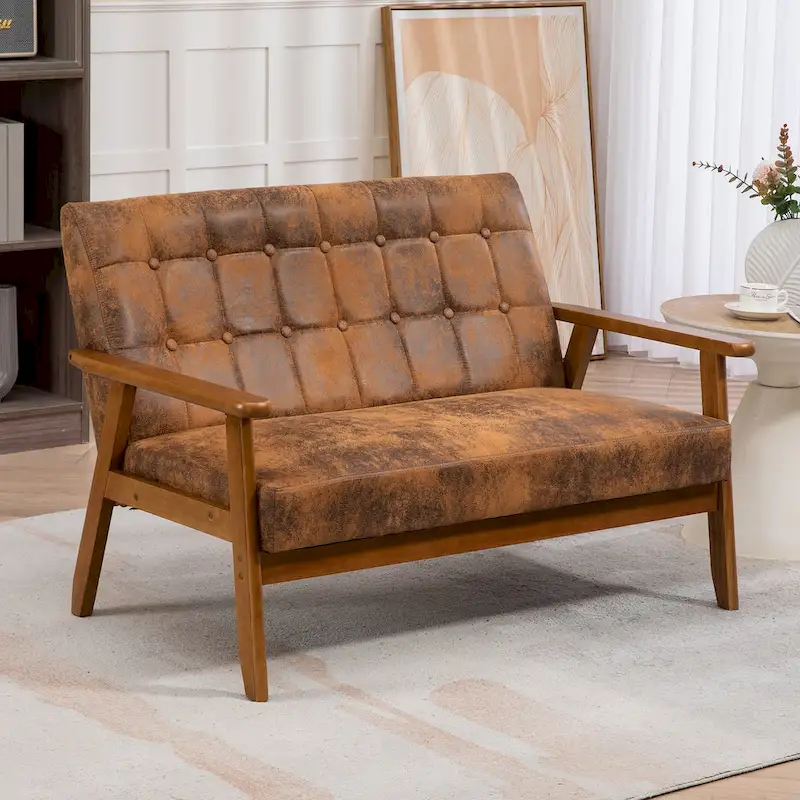 Mid-Century Linen/PU Upholstered Wood Frame Tufted Loveseat Sofa