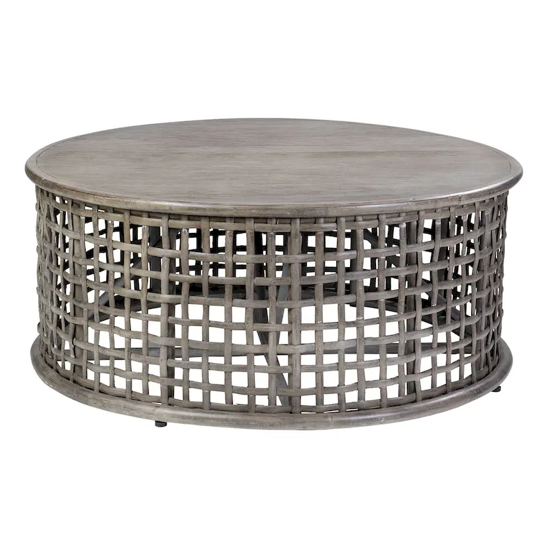 Grey Solid Wood Rattan Round Coffee Table by East at Main