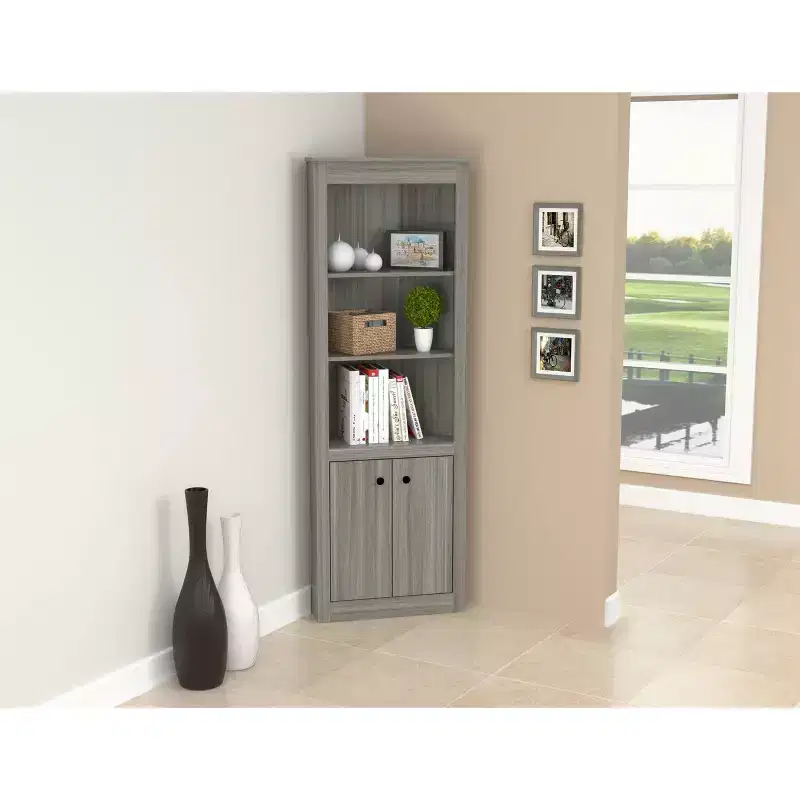 70.02" Corner Bookshelf Gray - Inval: Modern Smoke Oak, 3 Shelves, Double Door Storage