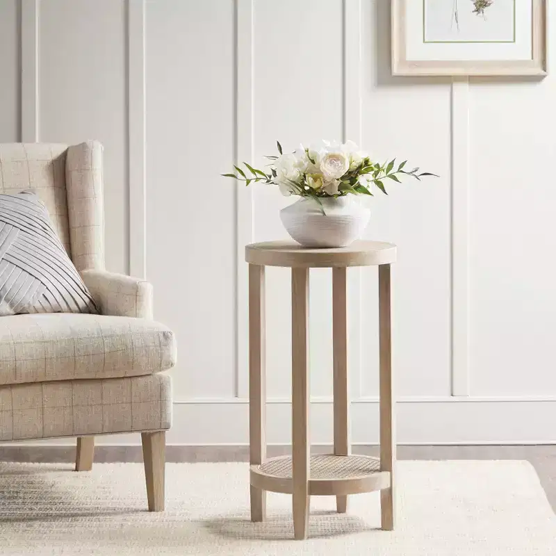 Harley Round Accent Table Wheat: Martha Stewart, Ash Veneer, Rattan Shelf, 28" High