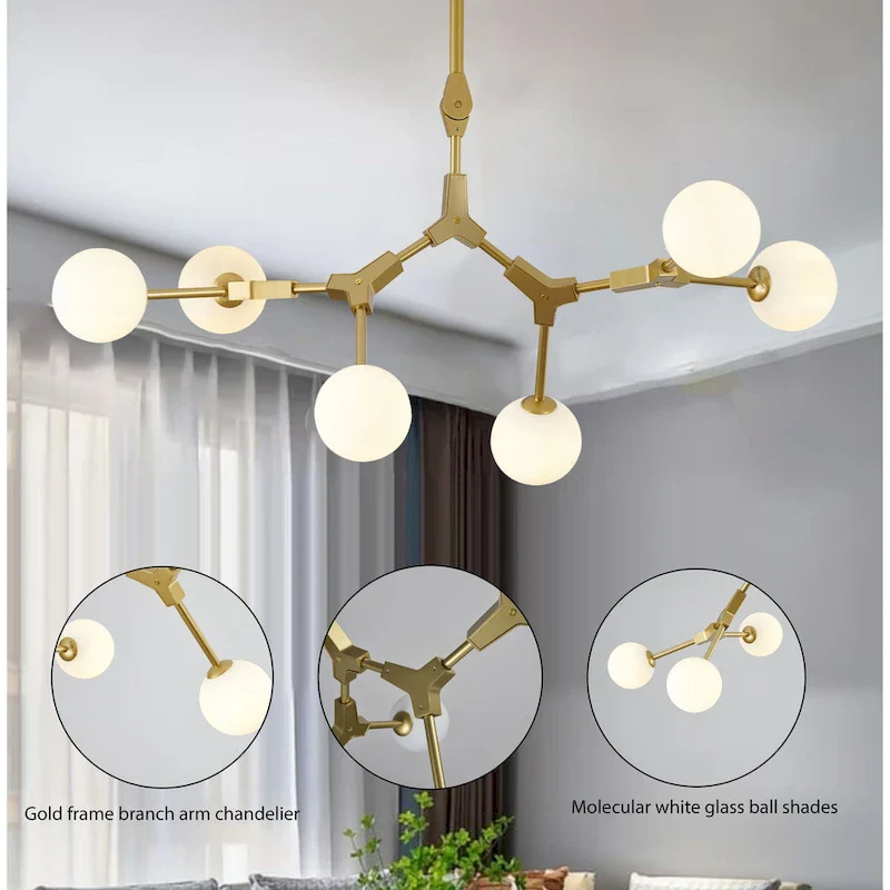6 Light Gold Iron Pendant Lighting With White Glass Shade