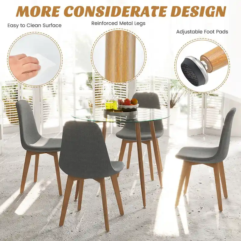 Gymax 5 PCS Dining Set Round Tempered Glass Table 4 Fabric Chairs