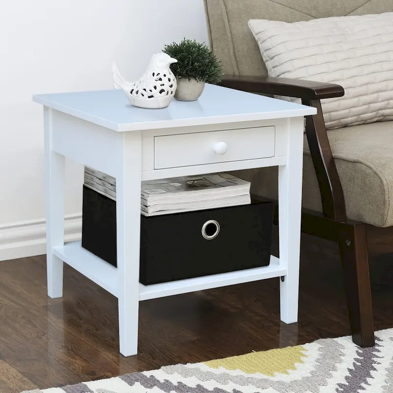Square Solid Parawood End Table with Drawer & Shelf, 24