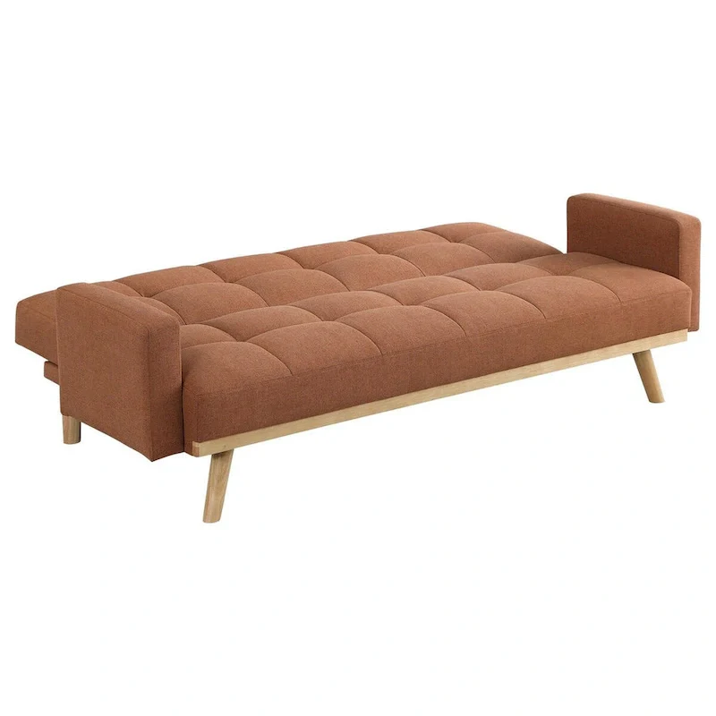 Kori 78 Inch Sofa Futon Bed with Tufted Back, Angled Legs, Orange Fabric