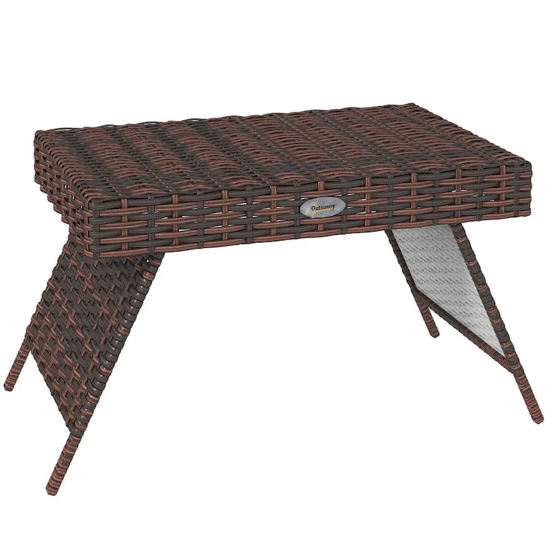 Folding Rattan Side Table, Outdoor End Table, Hand Woven PE Rattan Coffee Table for Balcony, Backyard, Garden, Lawn, Courtyard