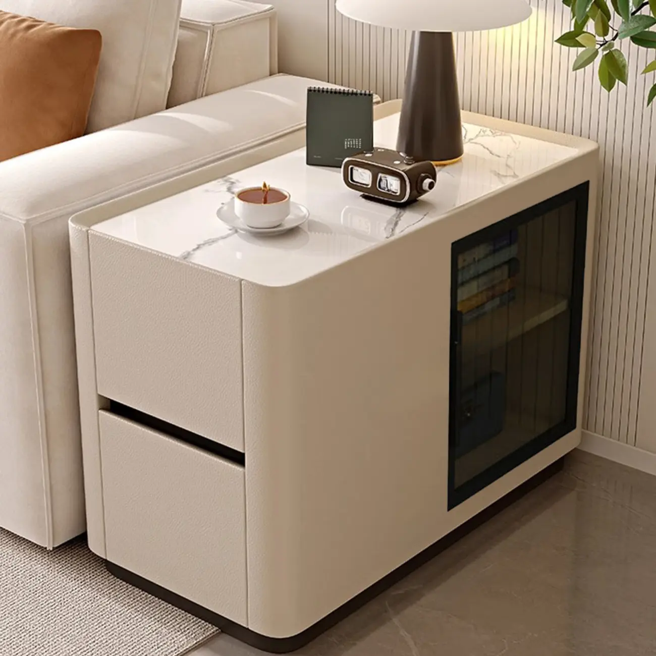 Elegant Rectangular End Table Marble Top and Leather Body