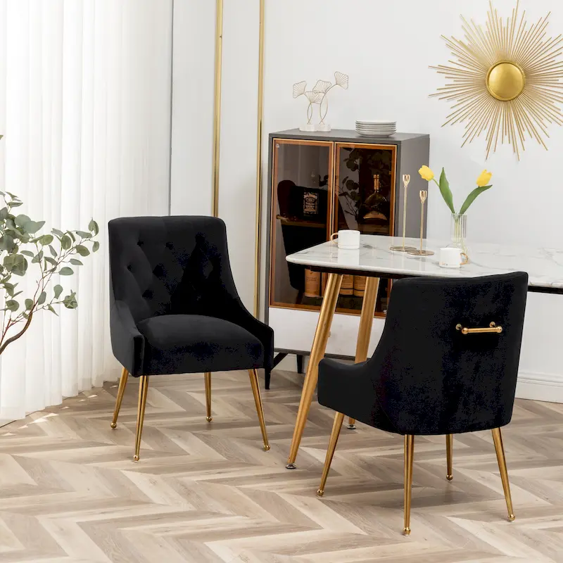 SEYNAR Modern Boucle Velvet Upholstered Accent Dining Chair Set of 2 Tufted Back Armless Chair with Golden Legs