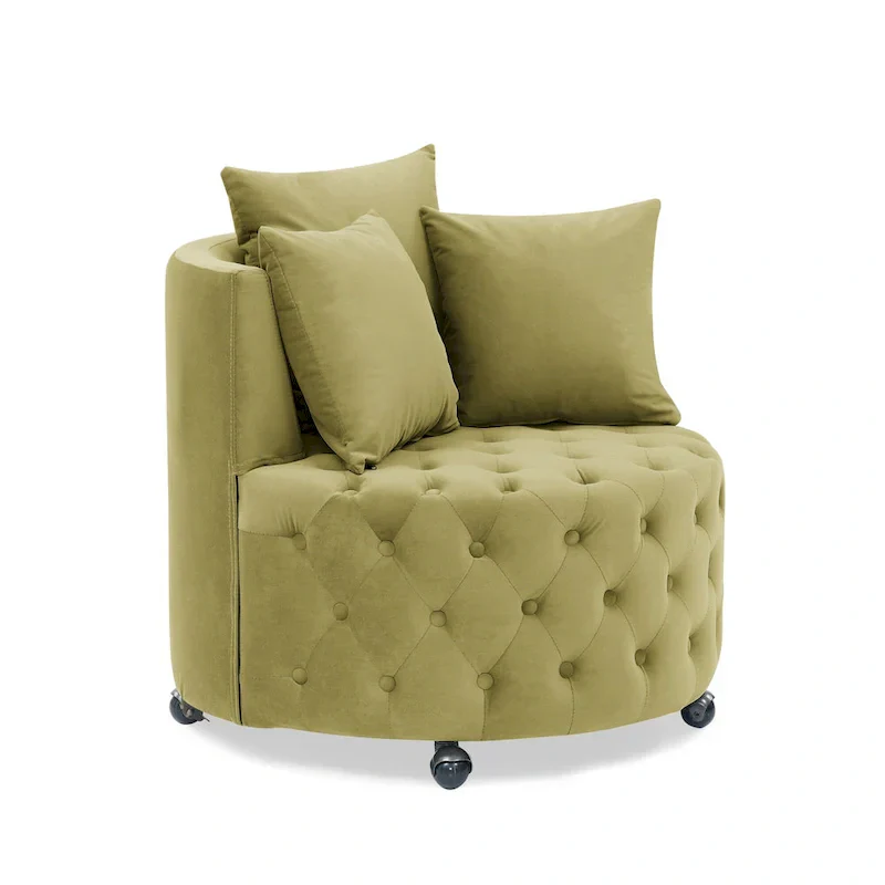 Living Room Velvet Swivel Chair with Button Tufted Design, 3 Pillows & Movable Wheels