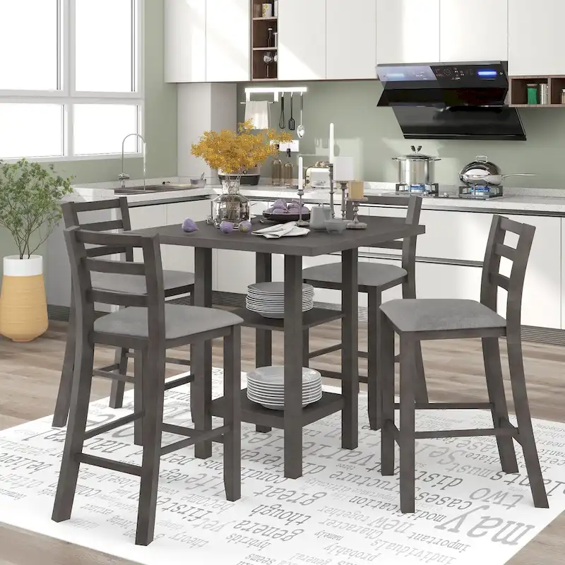 5-Piece Wooden Counter Height Dining Set Kitchen Bar Dining Table Sets with Padded Chairs and Storage Shelving for Kitchen