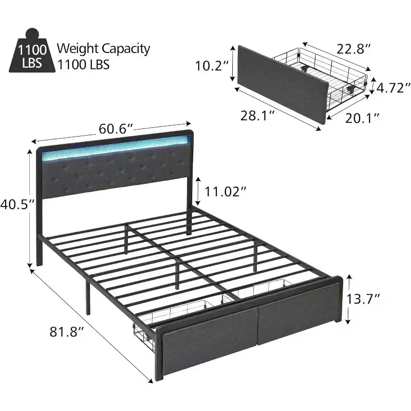 1-Piece Queen Upholstered Storage Bed - 2 Drawers & Button Tufted Headboard, LED Lights with Wood Slats, No Box Spring Needed