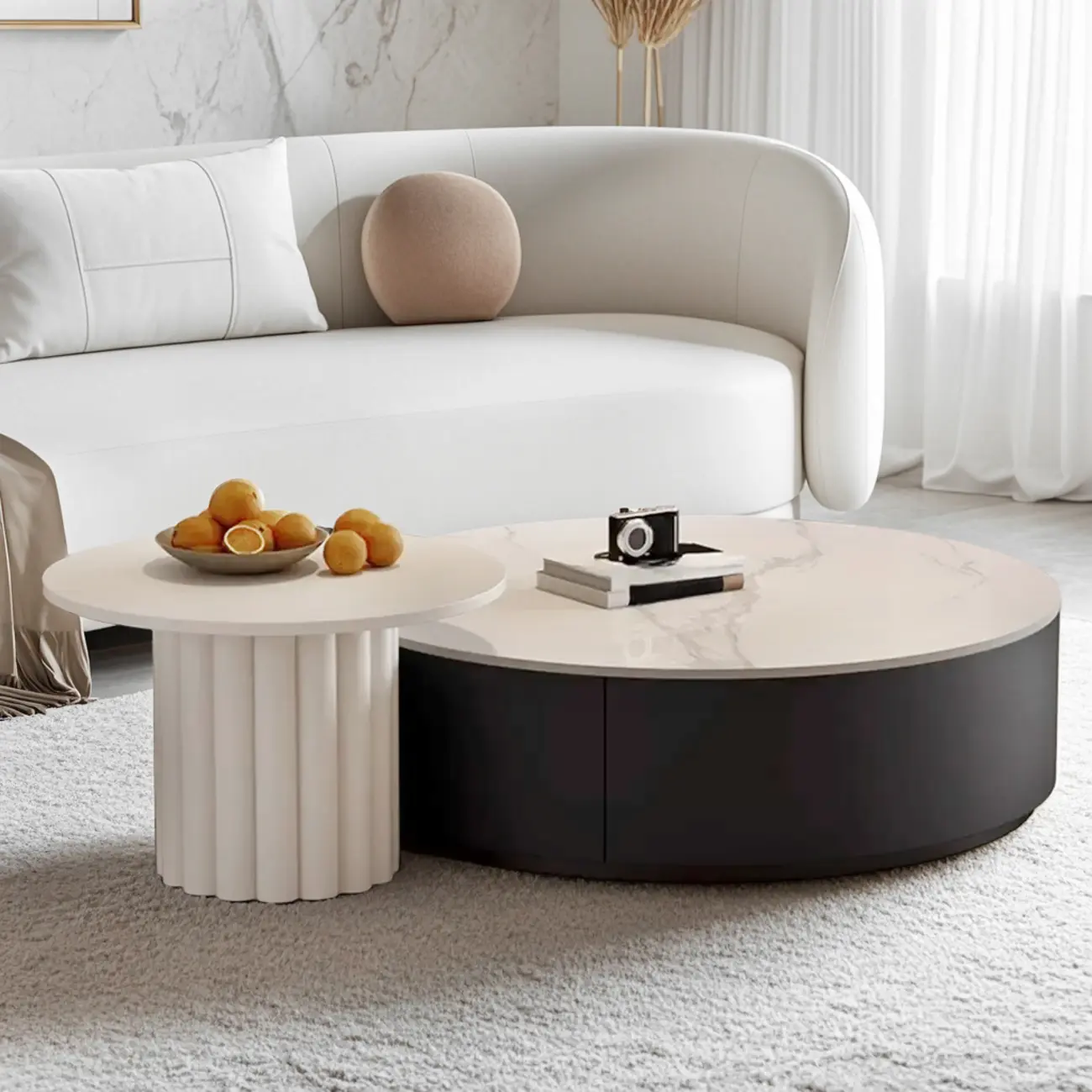 Black White Modern Stylish Round Wood Drawer Coffee Table