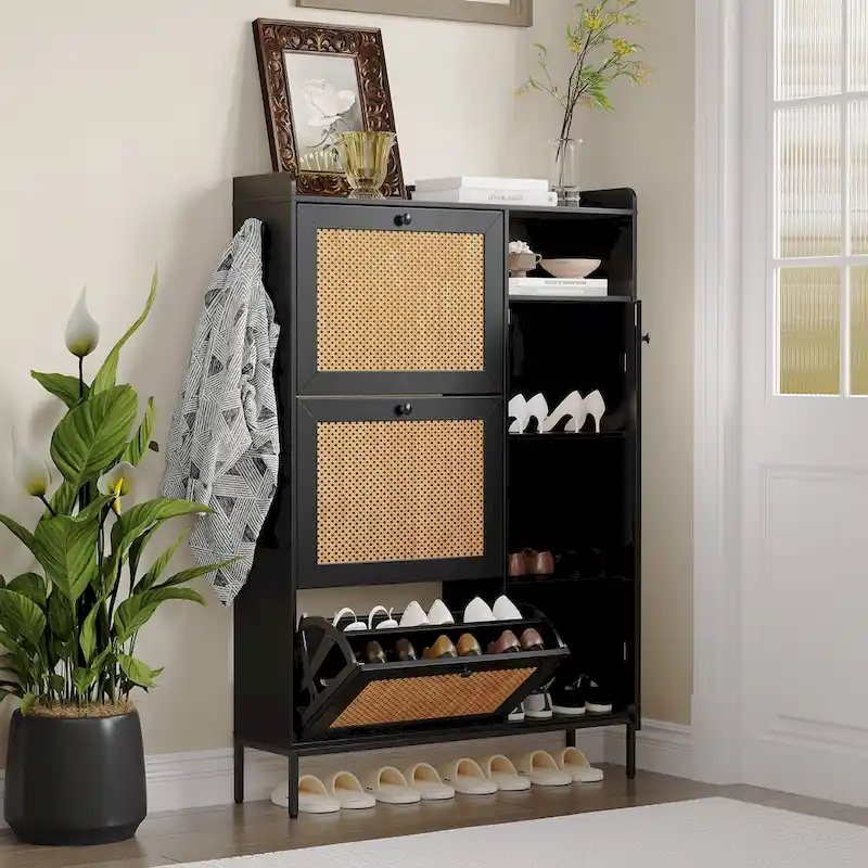 Rattan Shoe Cabinet with 3 Flip Drawers and 4-Tier