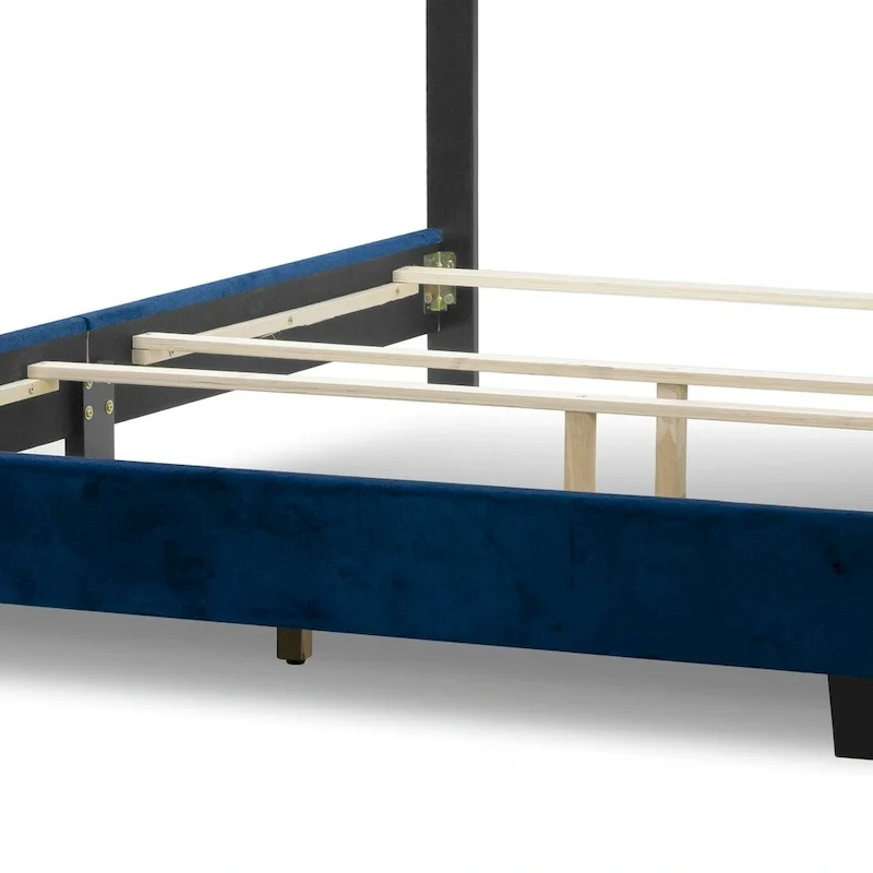 Arin Navy Blue Velvet Queen Bed Button Tufting and Black Nail Head