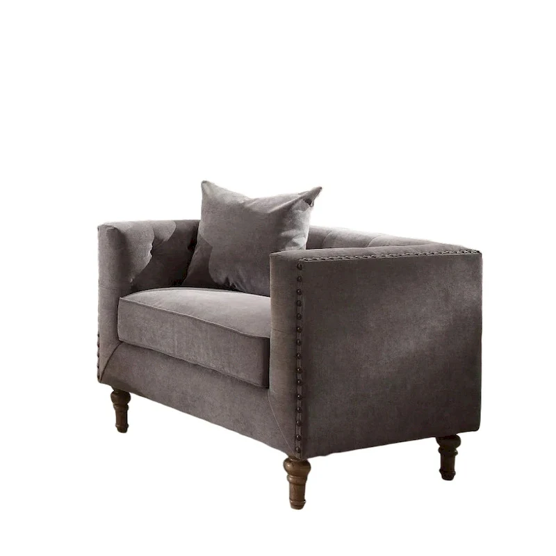 Velvet Tufted Arm Chair with Toss Pillow – Grey / Antiqued Brass, Nailhead Trim, Single Seat