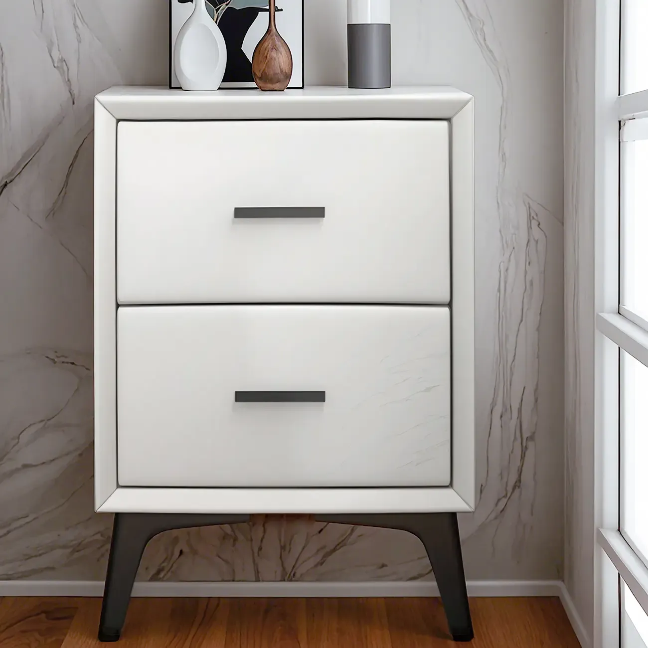 Modern White Metal Bedside Table with 2 Drawers