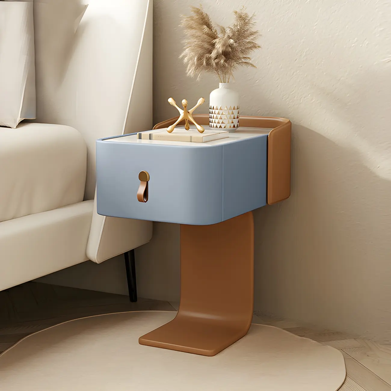 Khaki Stone Top Wood C-Shaped Nightstand with Drawer