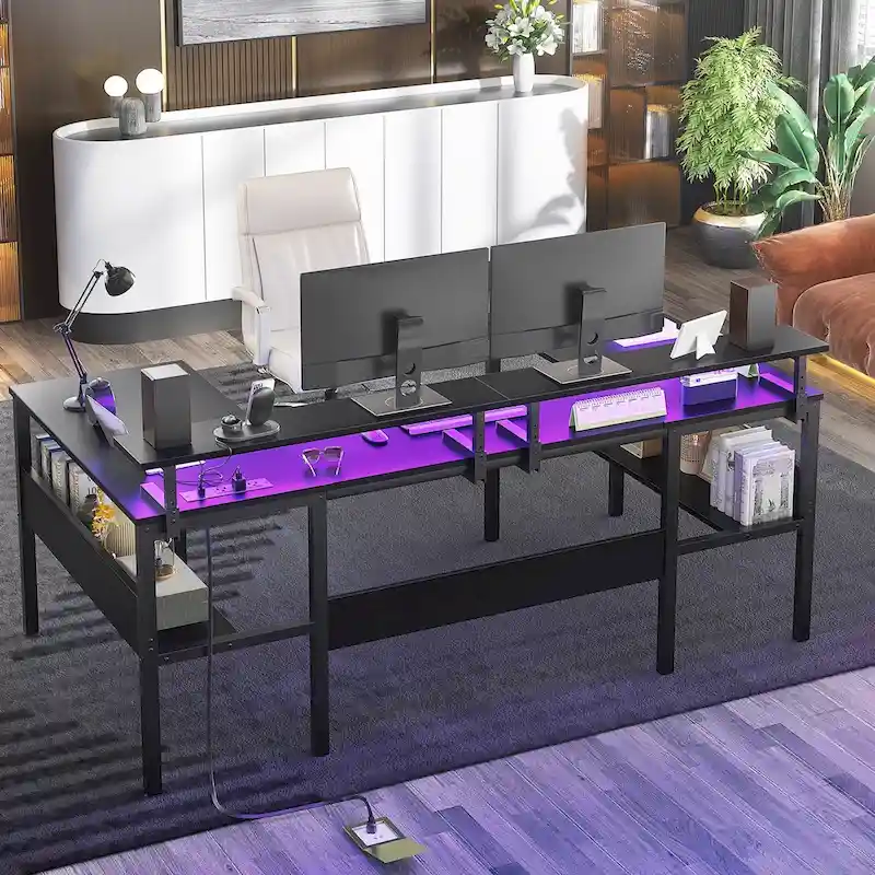 U-Shape Reversible Gaming Desk Monitor Computer Table with USB Ports and LED Lights