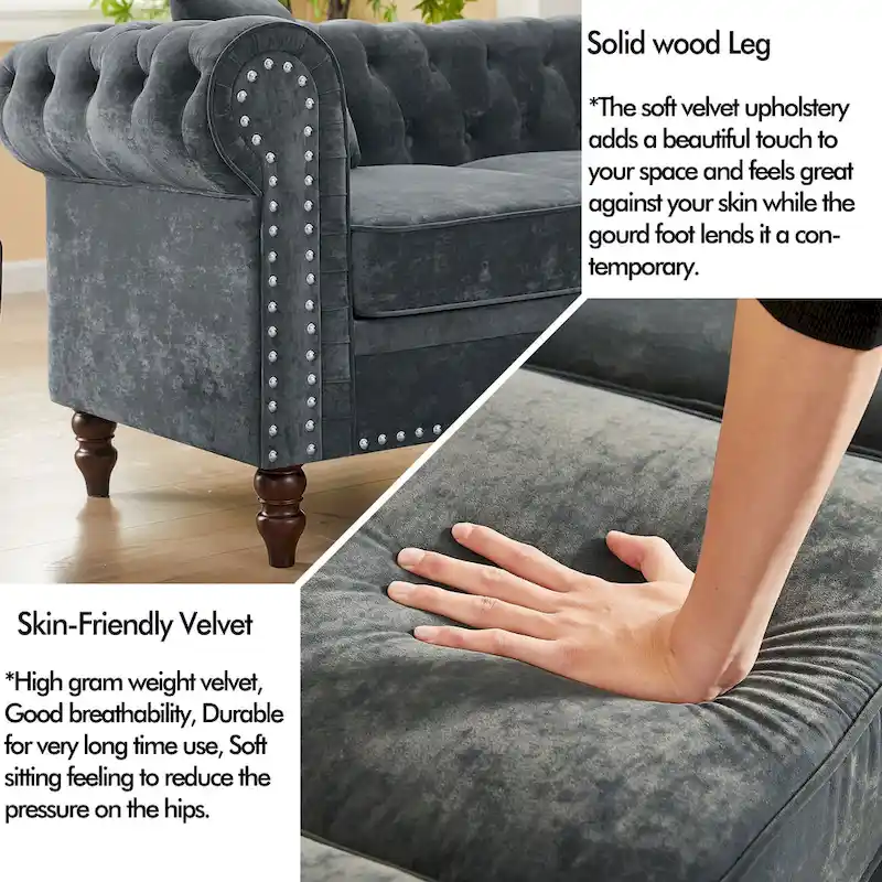 Deep Button Rolled Arm Classic Chesterfield L Shaped Sectional Sofa