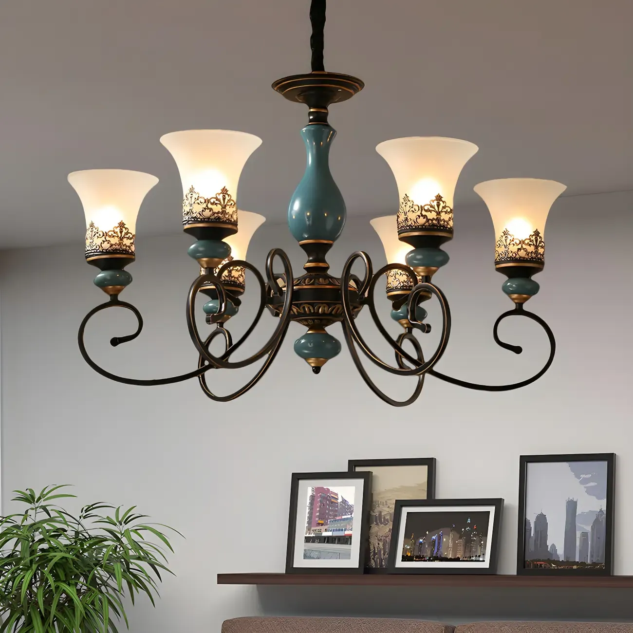 Classical Frosted Glass Blue Ceramic Up Chandelier