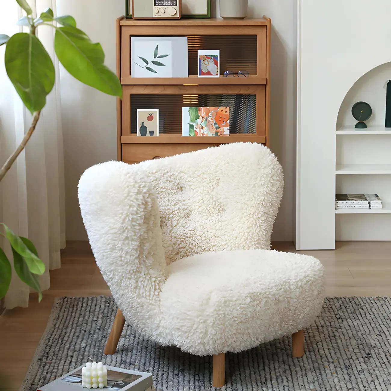 Mid-Century Modern Flannel Accent Chair in Off-White