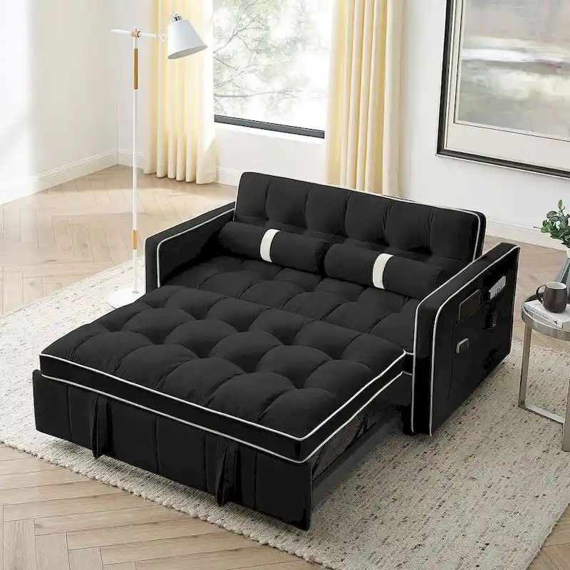 Velvet Multi-Functional Pull-Out Sofa Bed Adjustable Reclining Backrest With Pillows - N/A