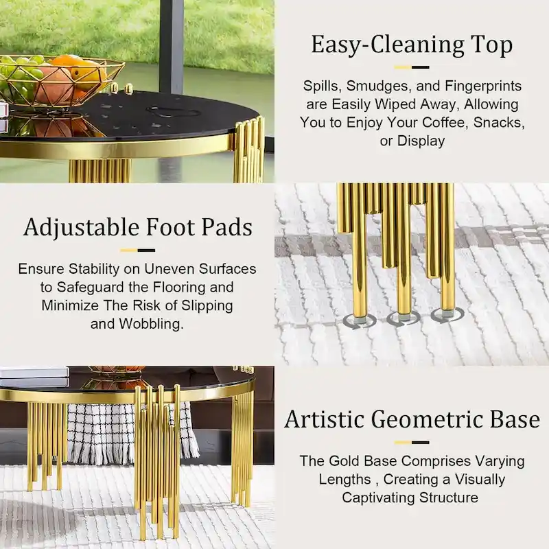 Modern 36 Round Coffee Table with Tempered Glass Top and Polished Chime-Shaped Legs