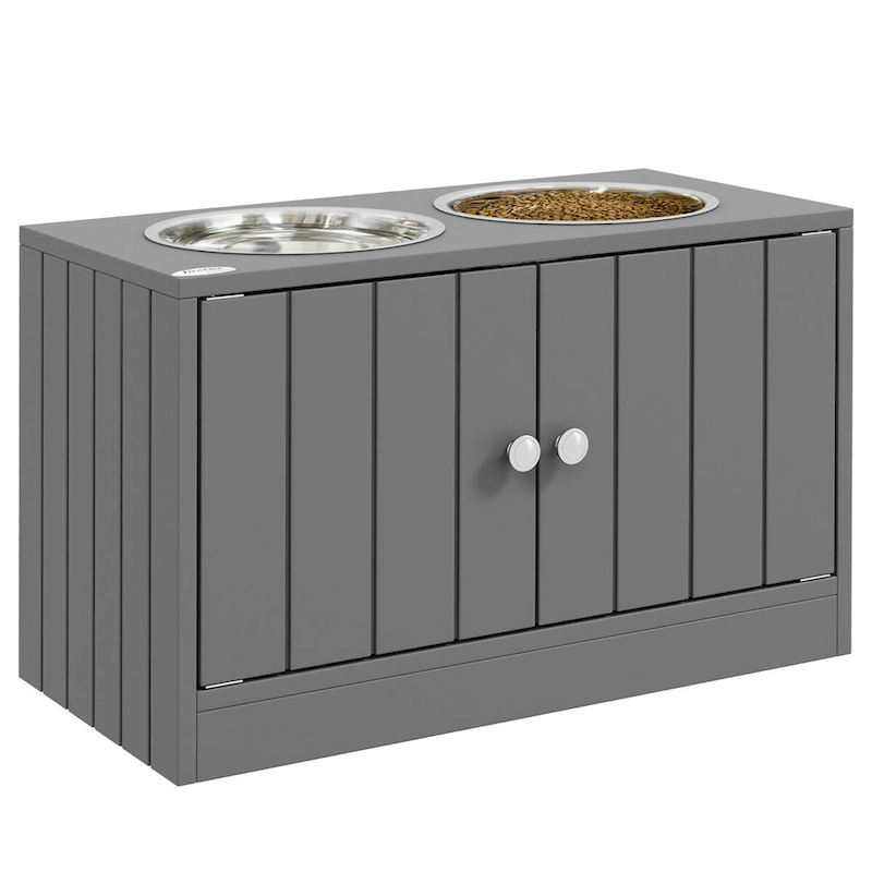 Large Elevated Dog Bowls with Storage Cabinet 44L Capacity, Raised Dog Bowl Stand Pet Food Bowl Dog Feeding Station, Gray