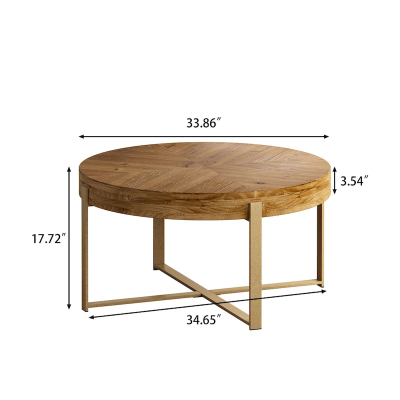 33.86 Modern Retro Splicing Wooden Round Coffee Table with Cross Legs Base