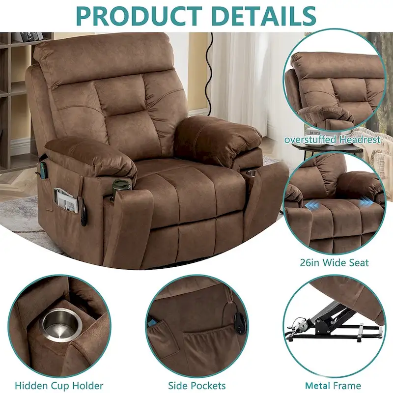 Power Lift Recliner, Massage & Heat, Velvet, 8-Point Massage, Cup Holder, Reclines 160°, Seats 1, Light/Dark Brown