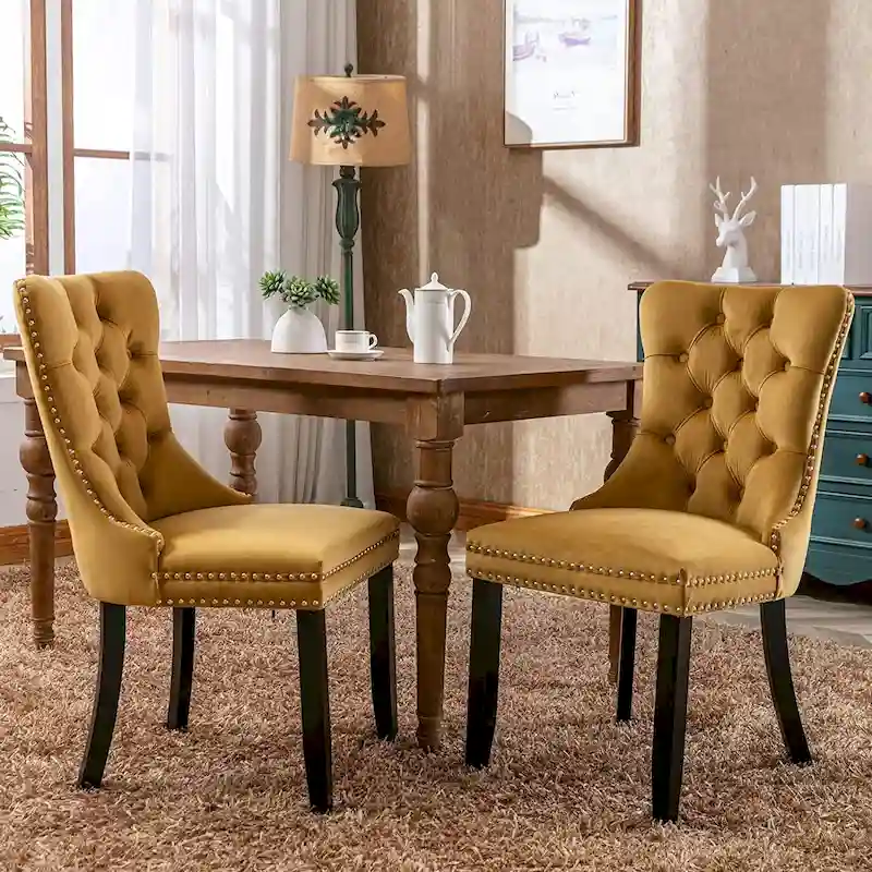 Dining Chairs Set of 2, Upholstered Accent Chair Button Tufted Armless Chair with Back Ring Pull and Nailhead Trim