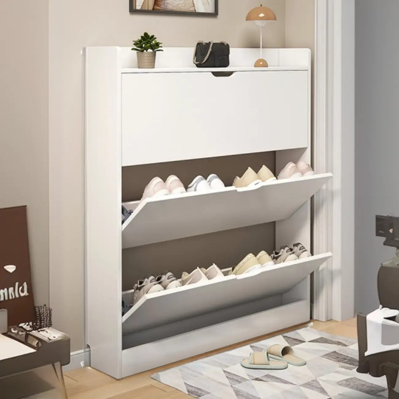 Entryway Modern Wood Shoe Cabinet with Flip-Out Drawer