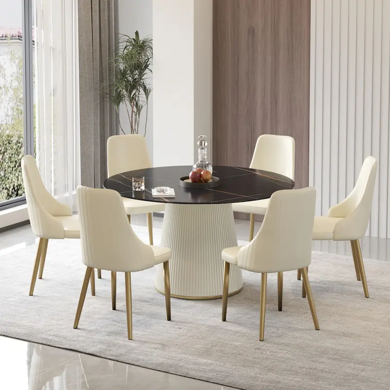 Round PU Pedestal Dining Table Faux Marble Dining Table
