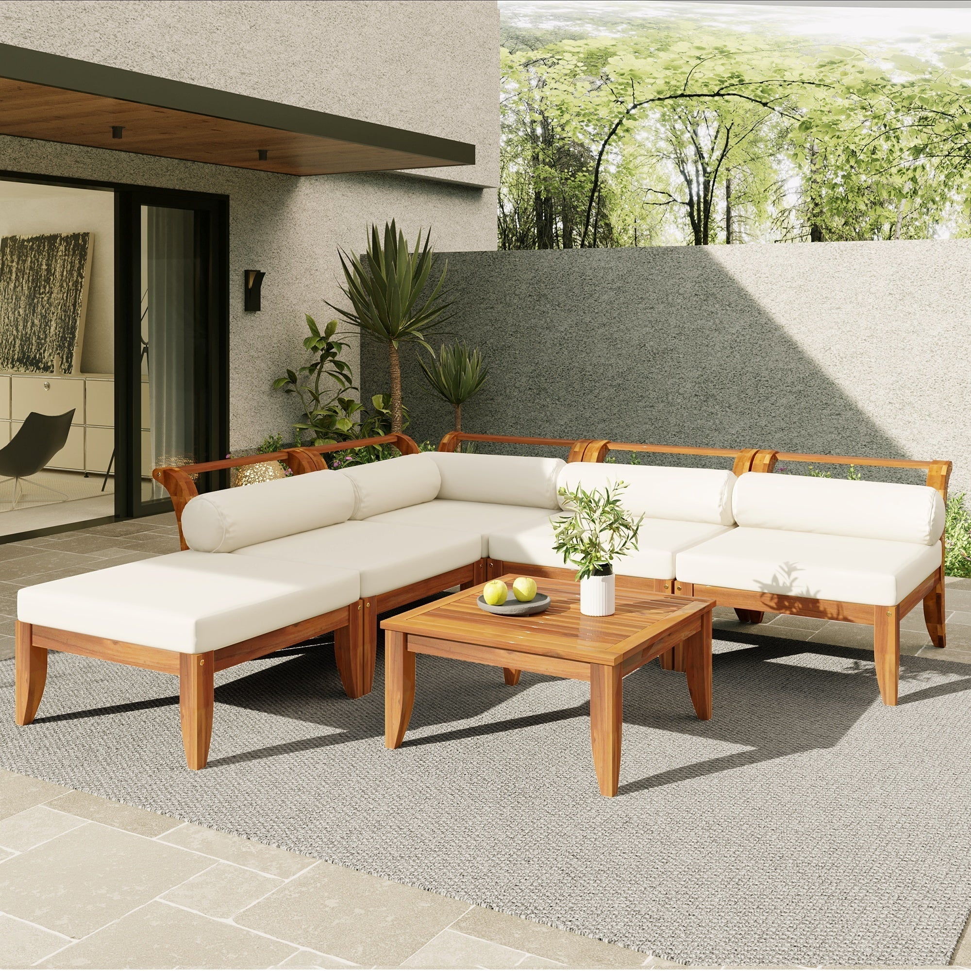 Walker Edison | Acacia Wood Outdoor Modular 6 Piece Sectional Sofa Set