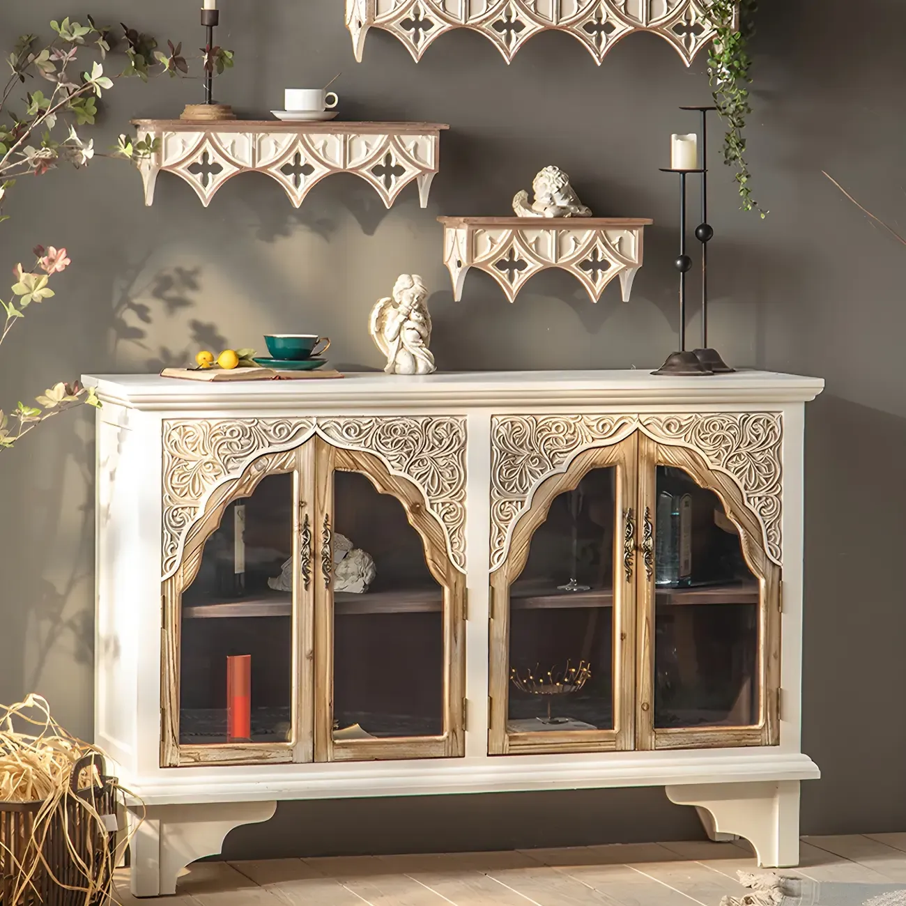 Elegant Arched Glass Doors White Wood China Cabinet