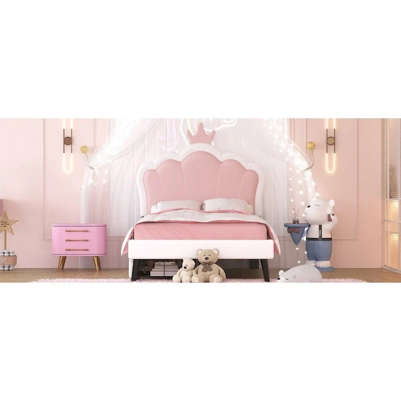 Upholstered Princess Bed with Crown Headboard & Drawers