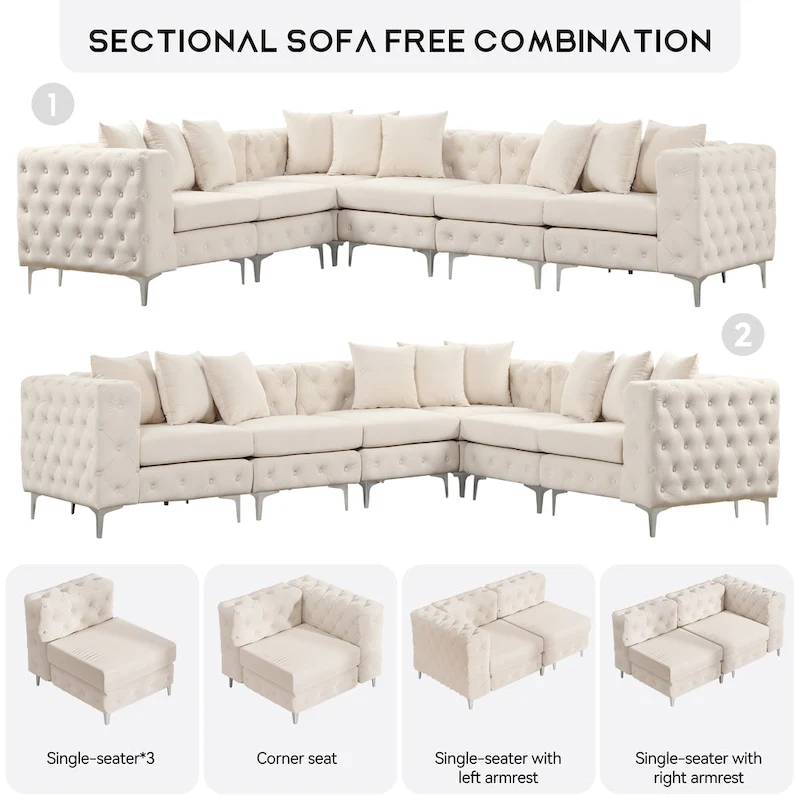 Large L-Shaped Modular Sofa, 6-Seat Velvet Sectional Couch