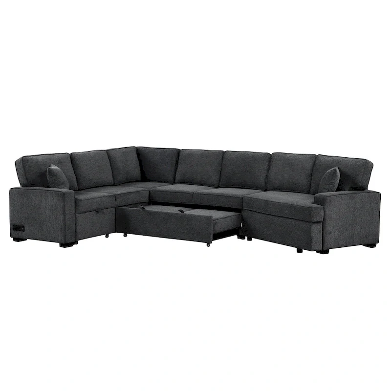 Black 126  L-Shaped 6-Seater Sofa with Pull-Out Bed and Cup Holders