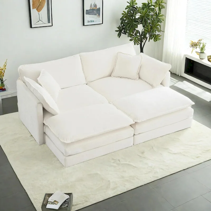 4-Piece Modular Chenille Upholstered Sleeper Sectional Sofa Bed with Ottoman