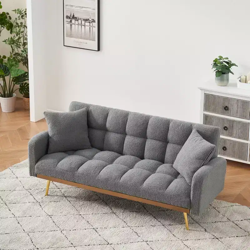 GDFStudio Smin Modern 69 Wooden Teddy Upholstered Sofa Bed with Adjustable Backrest