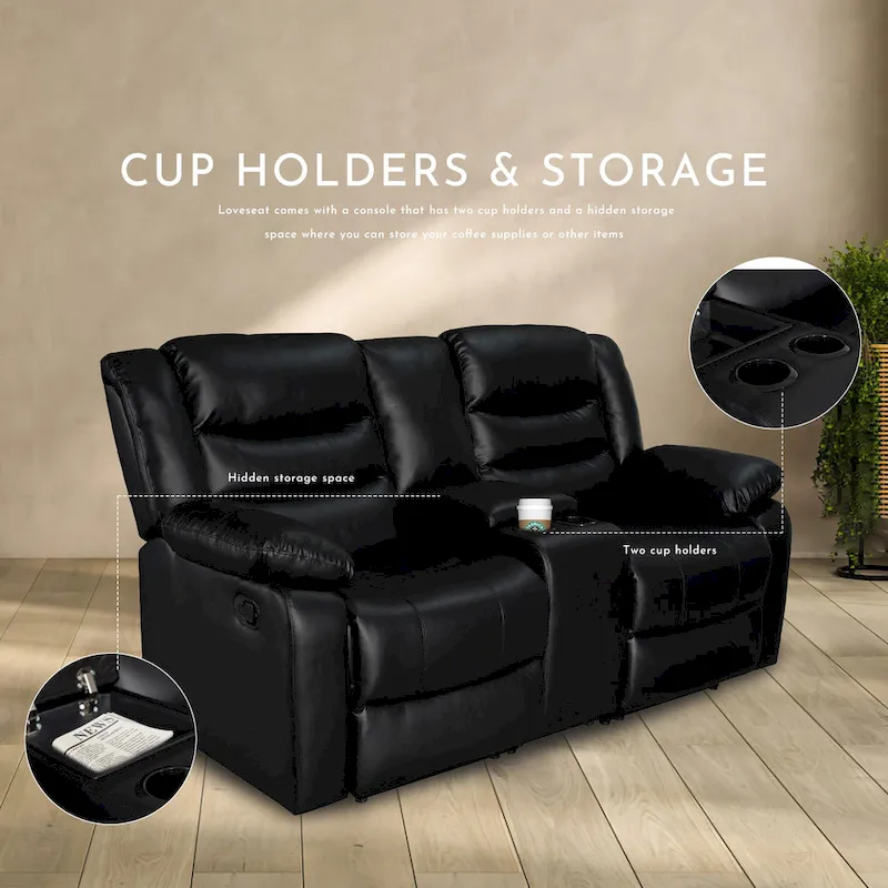 3 Piece Faux Leather Manual Reclining Livingroom Sofa Set with Dropdown Table and Console