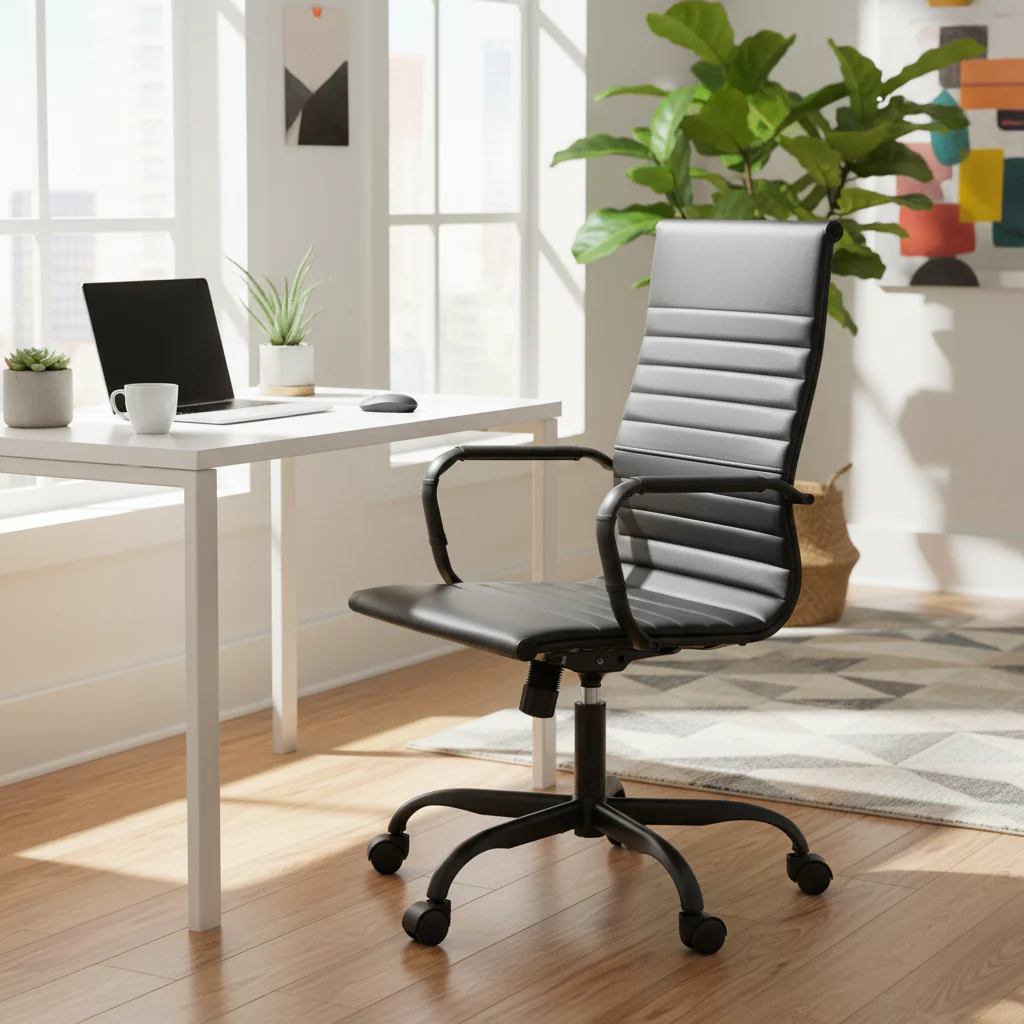 Ribbed Leather Adjustable High-Back Office Swivel Chair in Black Metal Frame