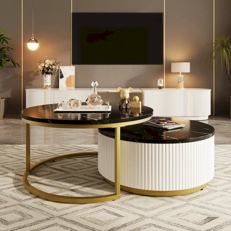 Modern Round Nesting Coffee Table Fluted with Drawer
