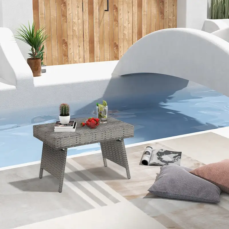 Costway Patio Folding Rattan Wicker Side Table End Coffee Table - 24 x 16 x 16 (L x W x H)