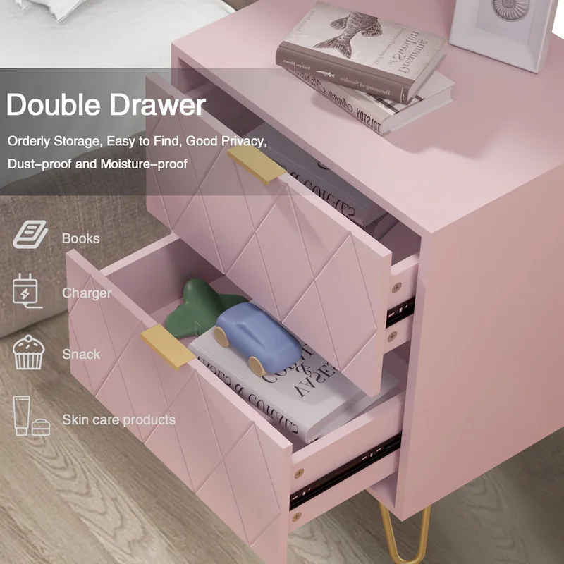 Set of 2 Nightstand 2 Drawer End Side Table Bedside Metal Legs Modern Bedroom Living Room