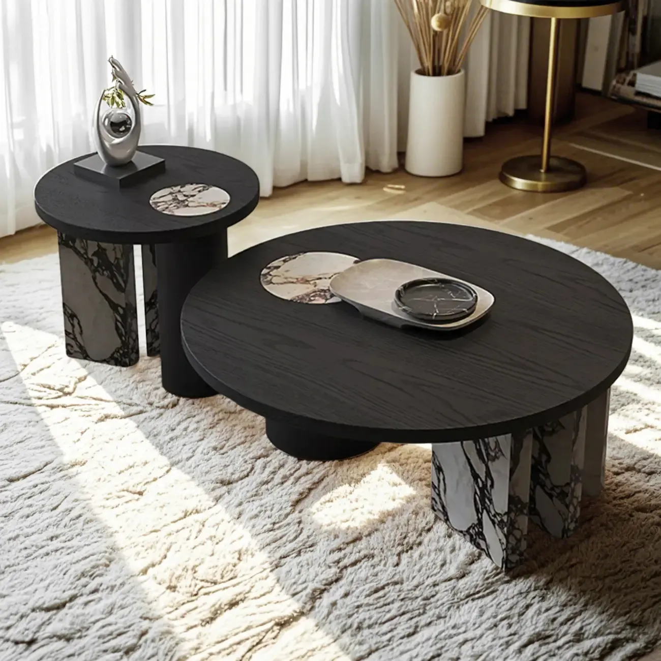 Black Round Modern Double Pedestal Wood Coffee Table
