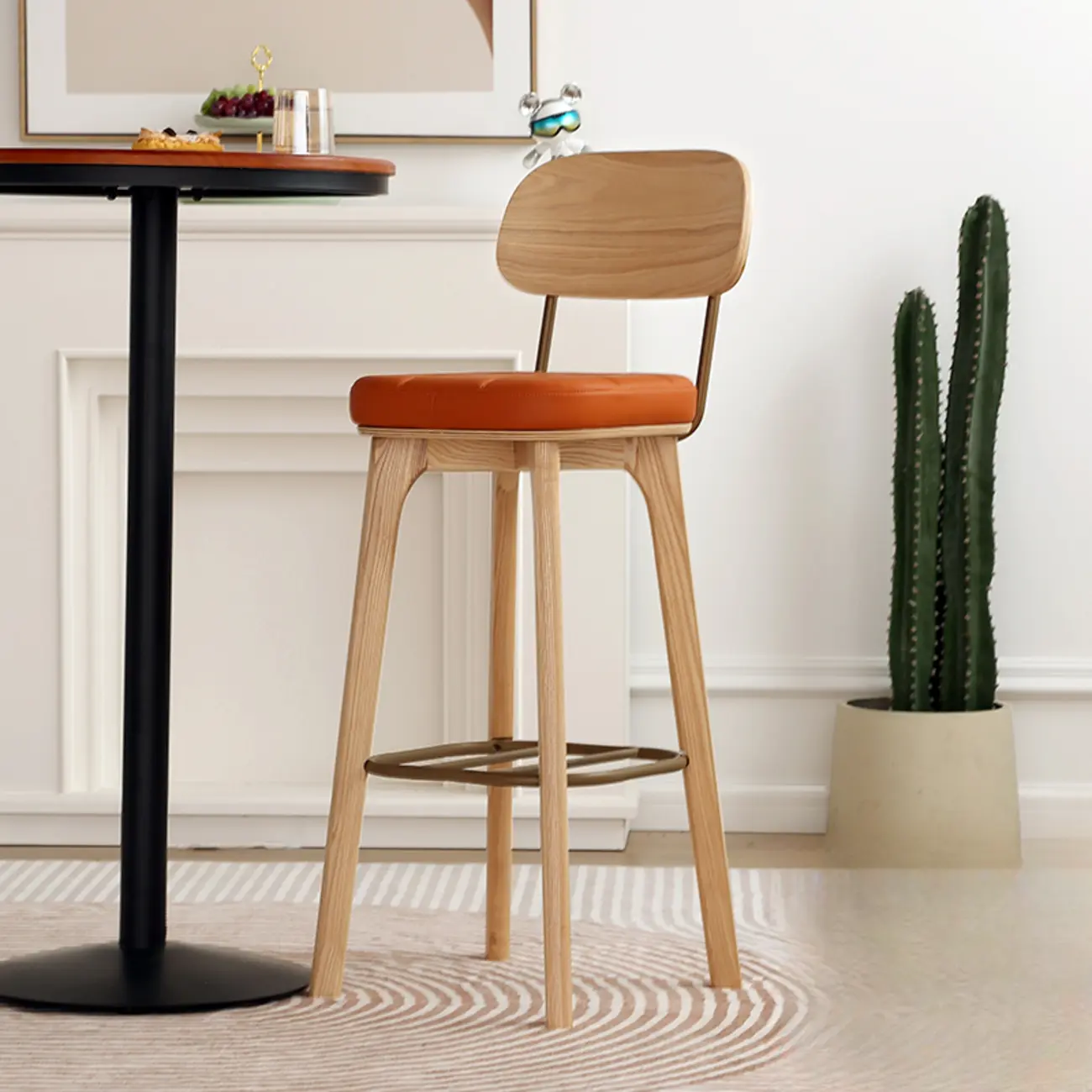 Wooden Square Leather Upholstered Bar Stool with Backrest